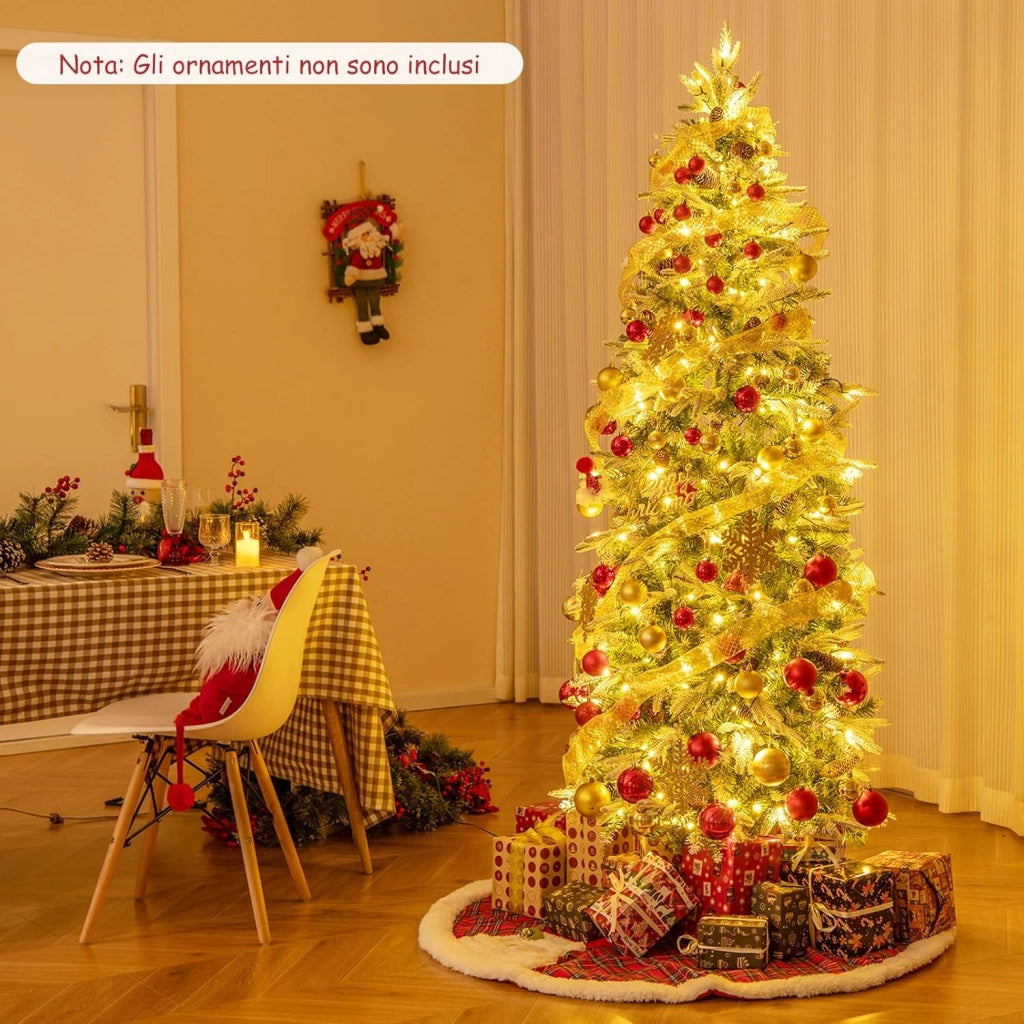 Albero di Natale Slim Pre-Luminoso 190/225 CM, Albero di Natale Artificiale Innevato con 280/350 Luci LED Bianche Calde, Rami Articolati e 671/913 Punte e 60/75 Pigne (190 CM)