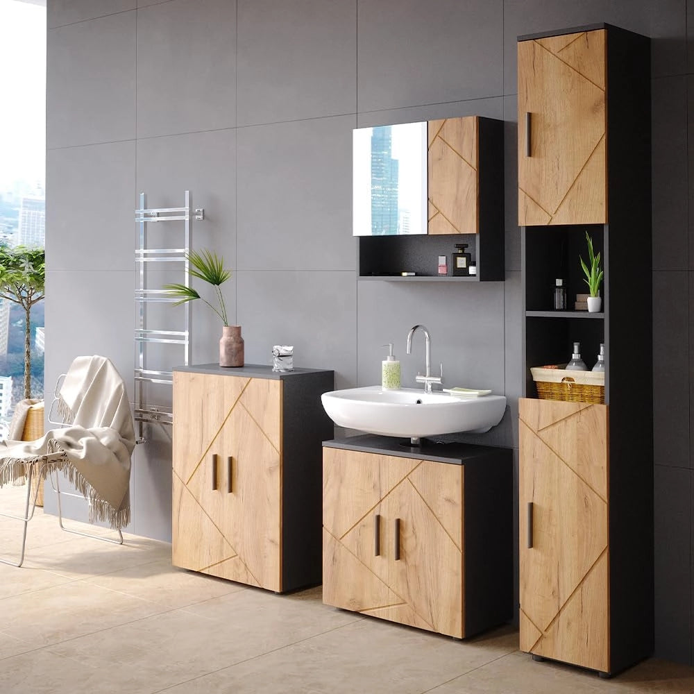Set mobili bagno Irma, Quercia dorata/antracite, 80 cm, composto da mobile lavabo, pensile a specchio, colonna e base media