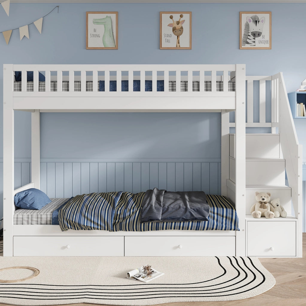 Letto a castello per bambini 90x200 cm in legno bianco con scala contenitore; 2 cassetti e barriera di sicurezza