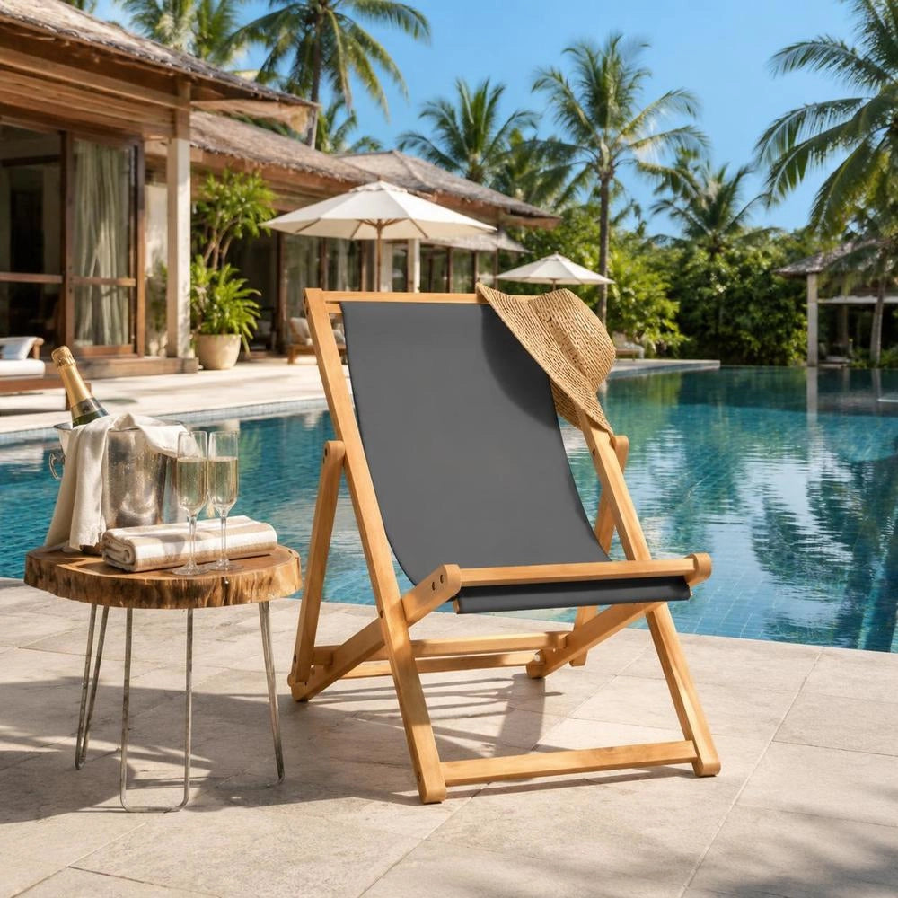 Folding Beach Chair, Solid Teak Wood, Grey