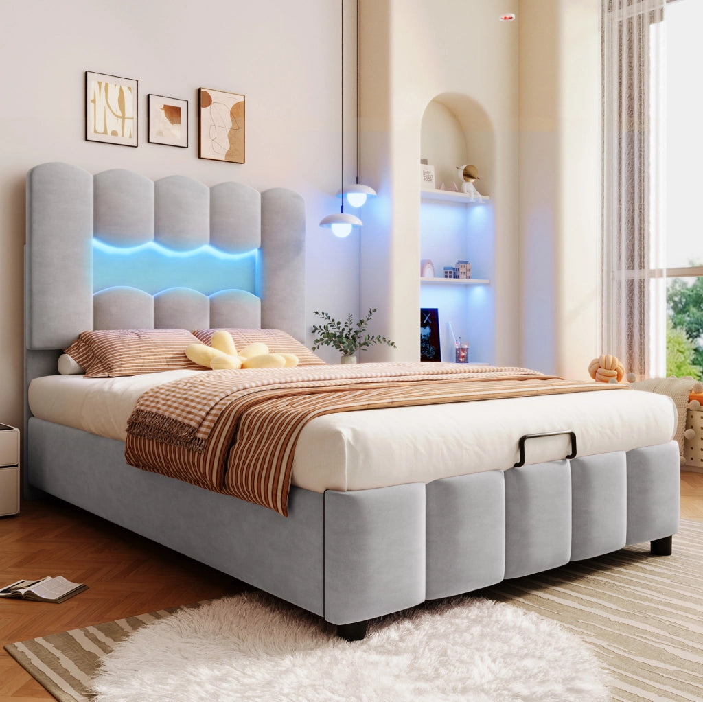 Letto imbottito 90x200 cm con contenitore; LED e testiera regolabile in velluto grigio