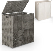 110 L Cesto Portabiancheria con Coperchio, Cesto per Bucato in Rattan con Comode Maniglie e Sacchetto Interno Rimovibile, per Camera da Letto Lavanderia Bagno, 27 x 33 x 62 cm