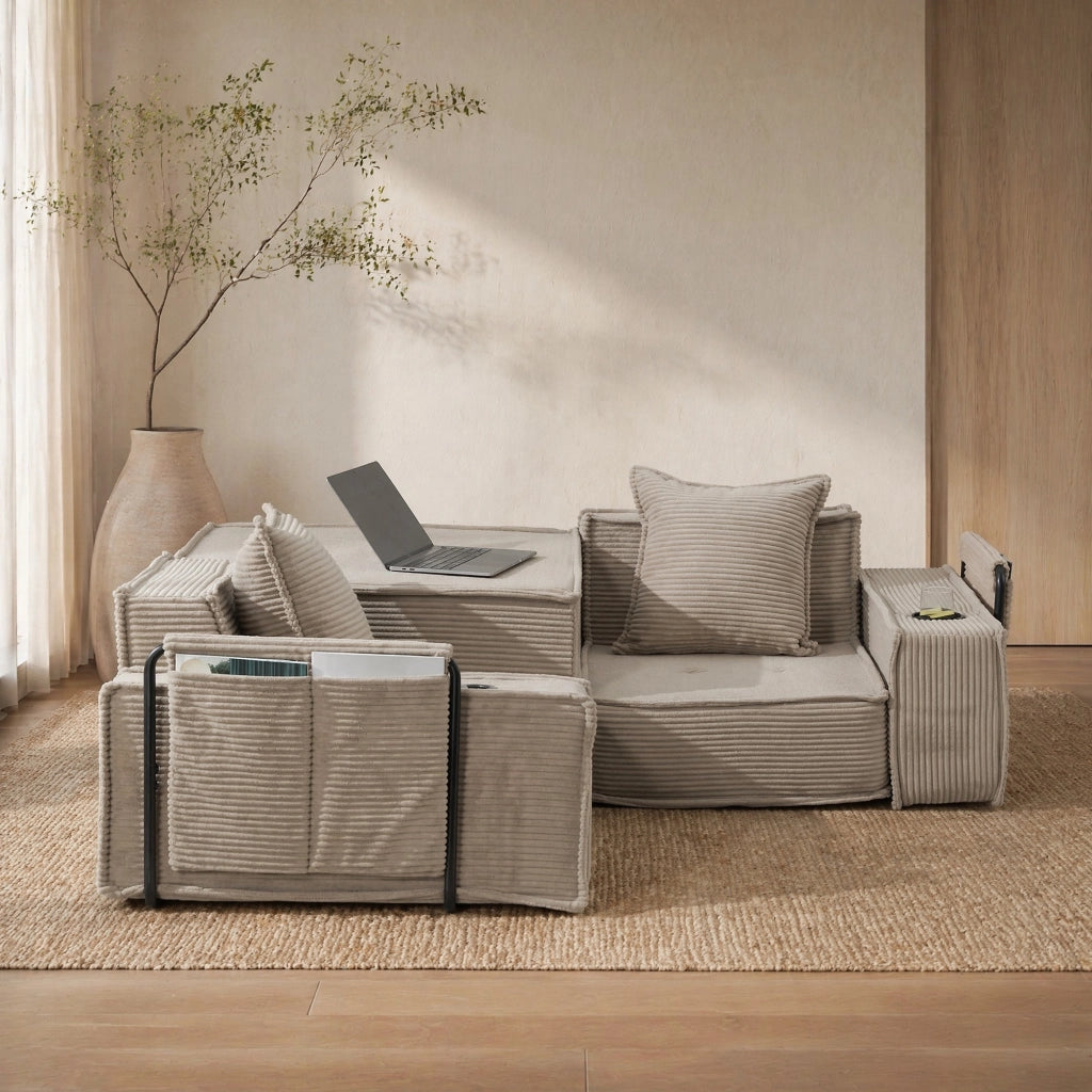 Divano pouf modulare in tessuto effetto corduroy color khaki; 162x78x66 cm; con 2 cuscini