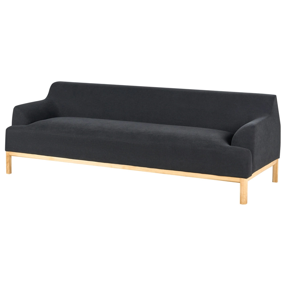 Divano a 3 posti in tessuto nero con gambe in legno stile elegante soggiorno
