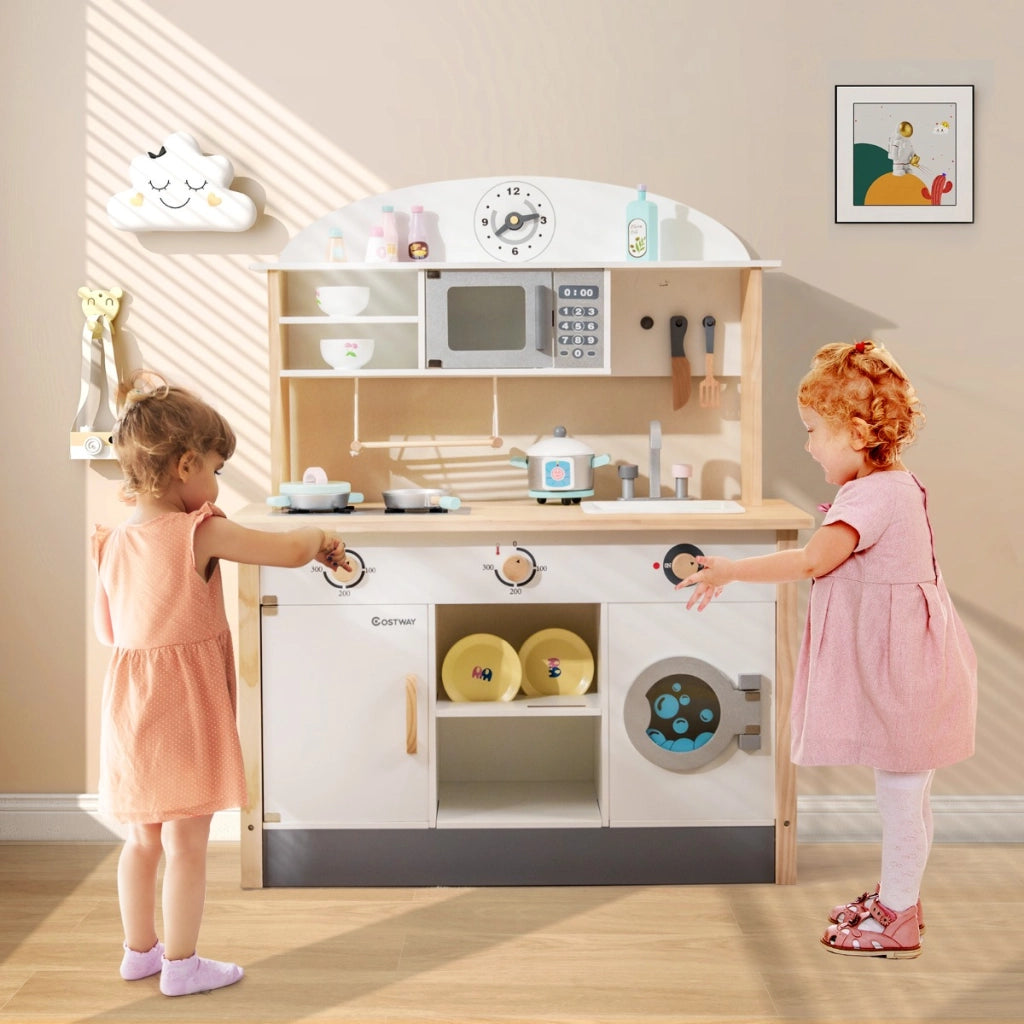 Cucina giocattolo per bambini con forno a microonde e lavatrice in legno, Set da cucina per giochi di finzione-Cucine giocattoli