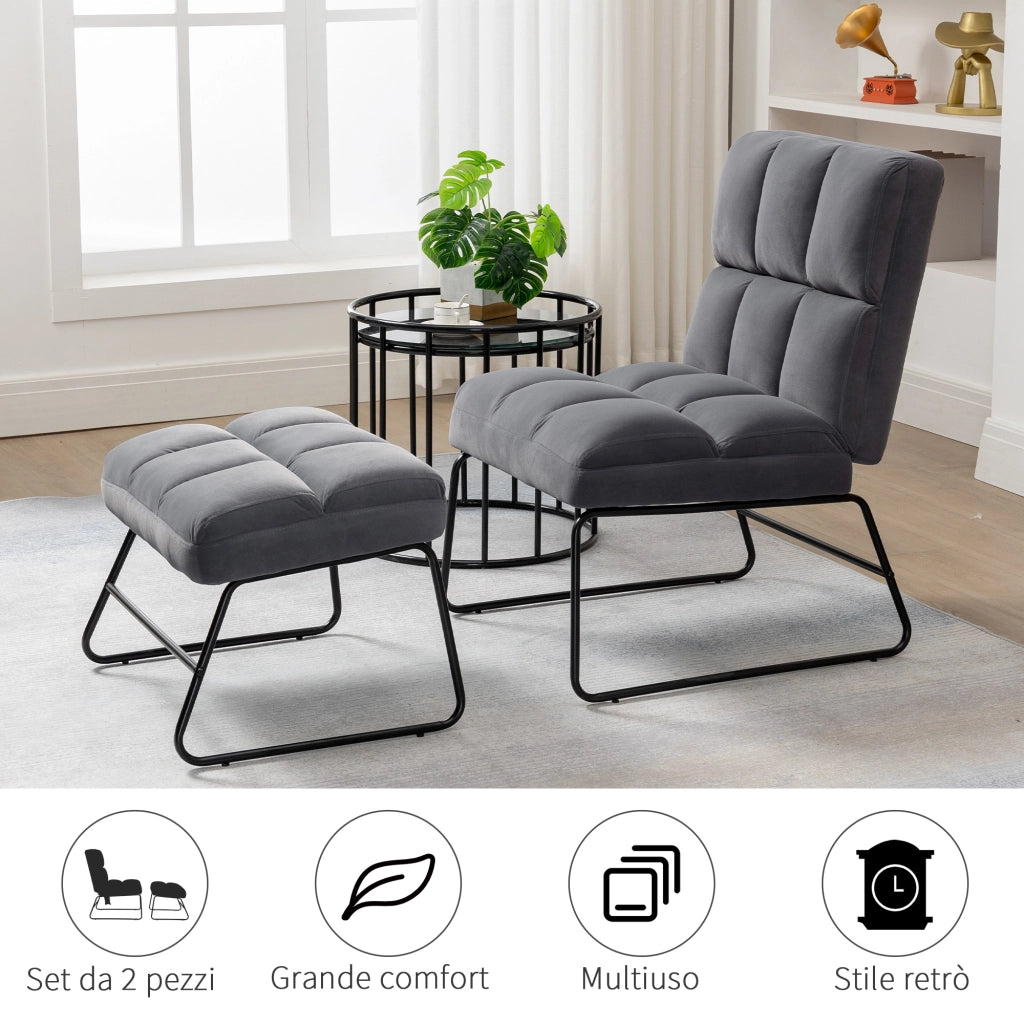 EASYCOMFORT  Poltrona Relax con Poggiapiedi per Interni, Set 2 Pezzi in Effetto Velluto e Metallo, Grigia