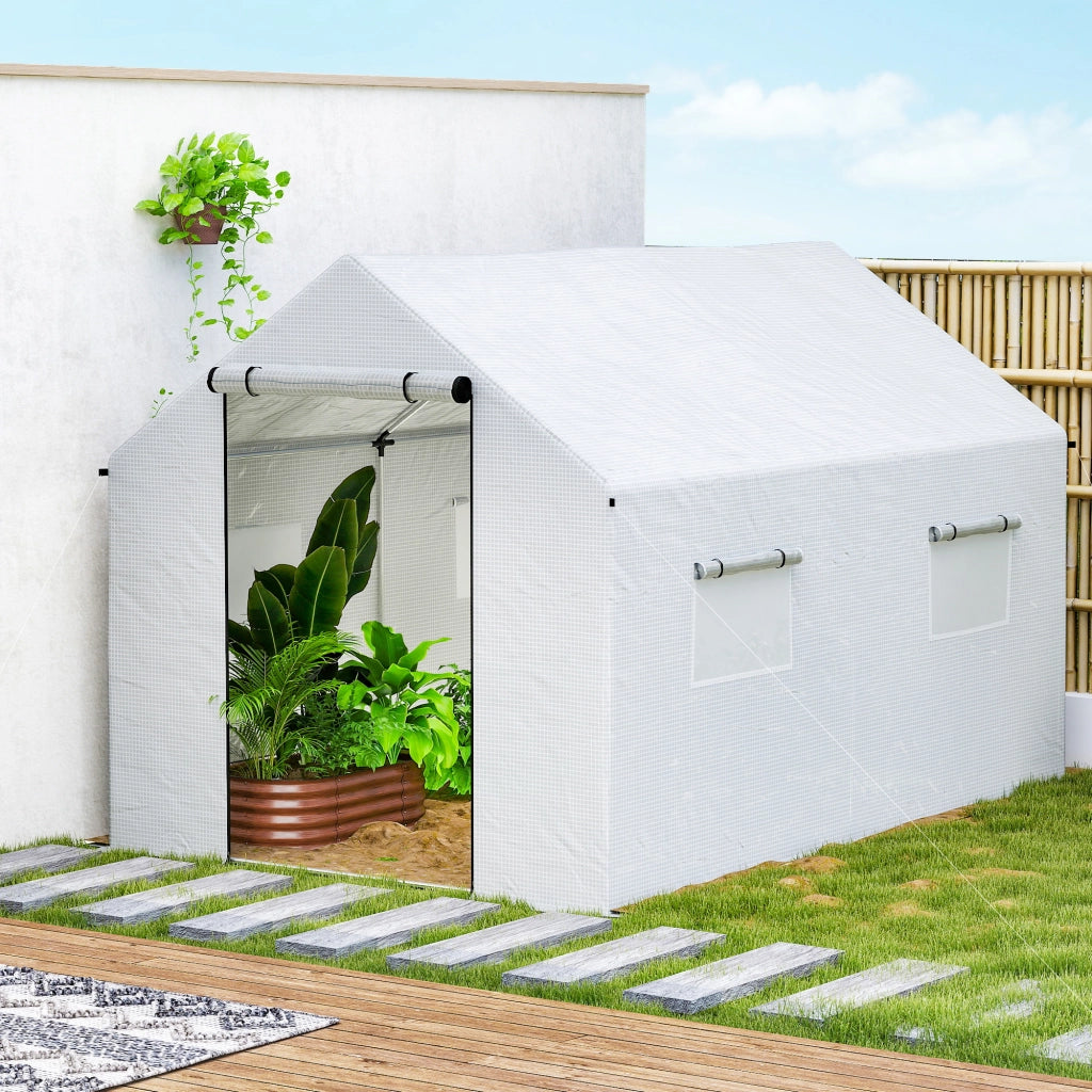 Serra a Tunnel 2x3x2 m con Porte e Finestre Avvolgibili e Tetto a Punta in Acciaio e PE Bianco