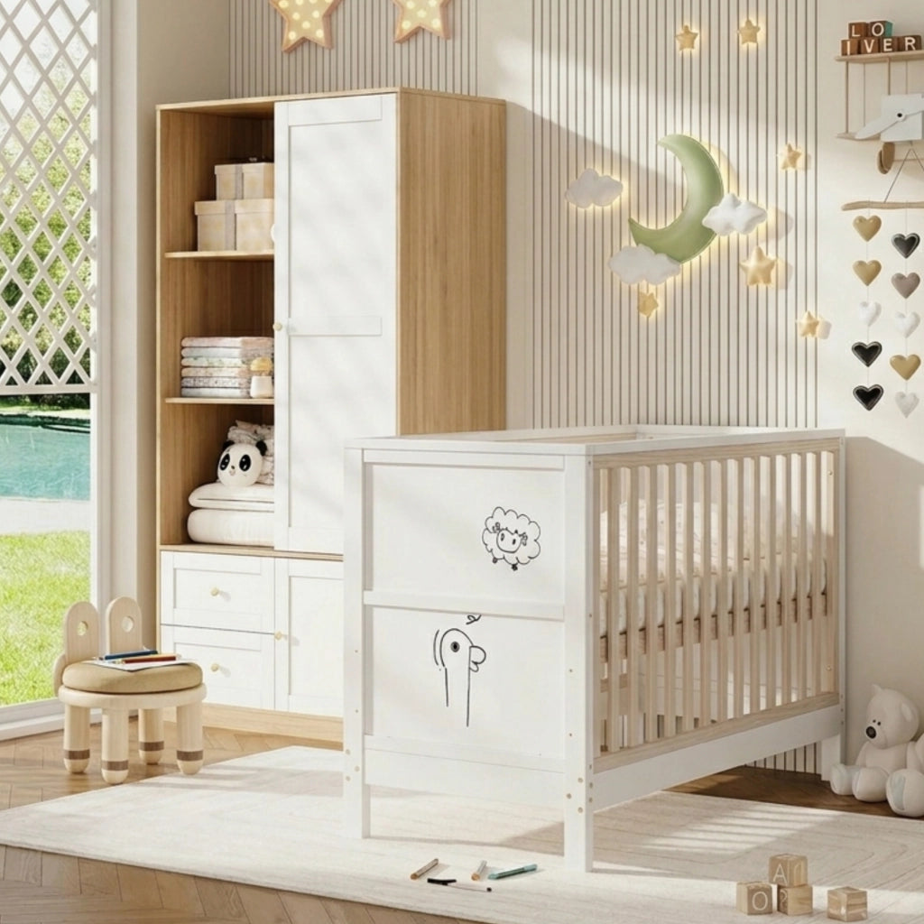 Set cameretta con lettino a sbarre e armadio scorrevole, legno massello e MDF, Natural/White