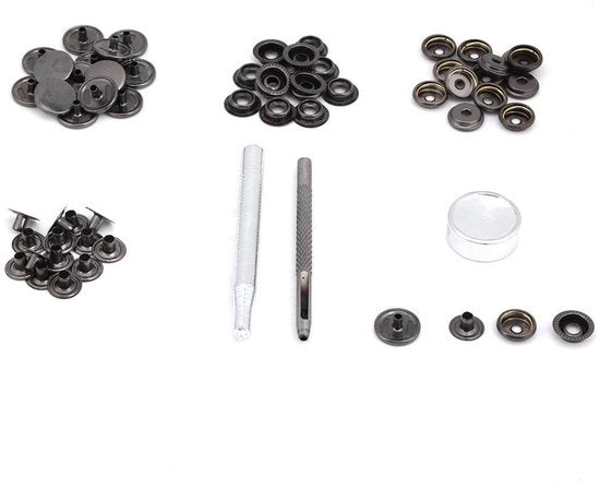 Set di viti a pressione 15mm - Nero - Viti a pressione metalliche - Inclusi attrezzi di fissaggio - Alta qualità acciaio inossidabile - Robusta e lavabile - Viti a pressione con chiusura