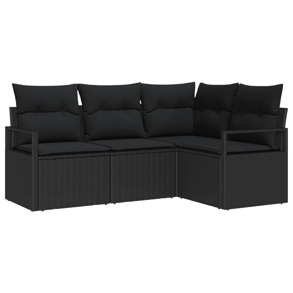 Set Divano da Giardino 4 Pezzi con Cuscini Rattan Nero Poly
