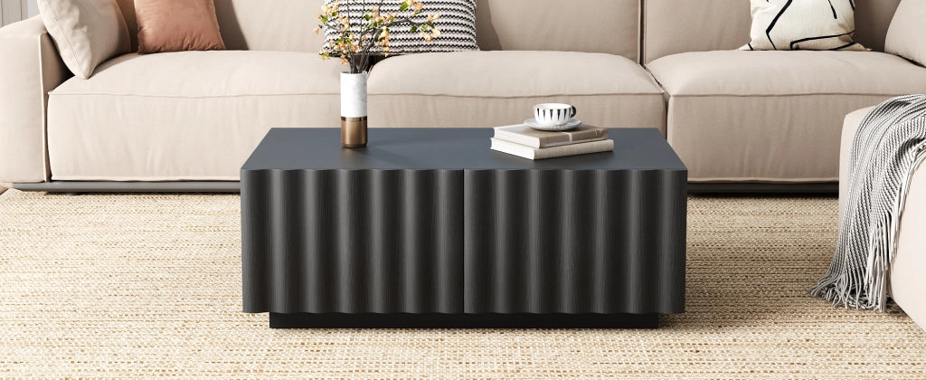 Tavolino basso con 2 cassetti e frontale a onde, per soggiorno, in MDF e pannello truciolare, nero, 100 × 50 × 40 cm