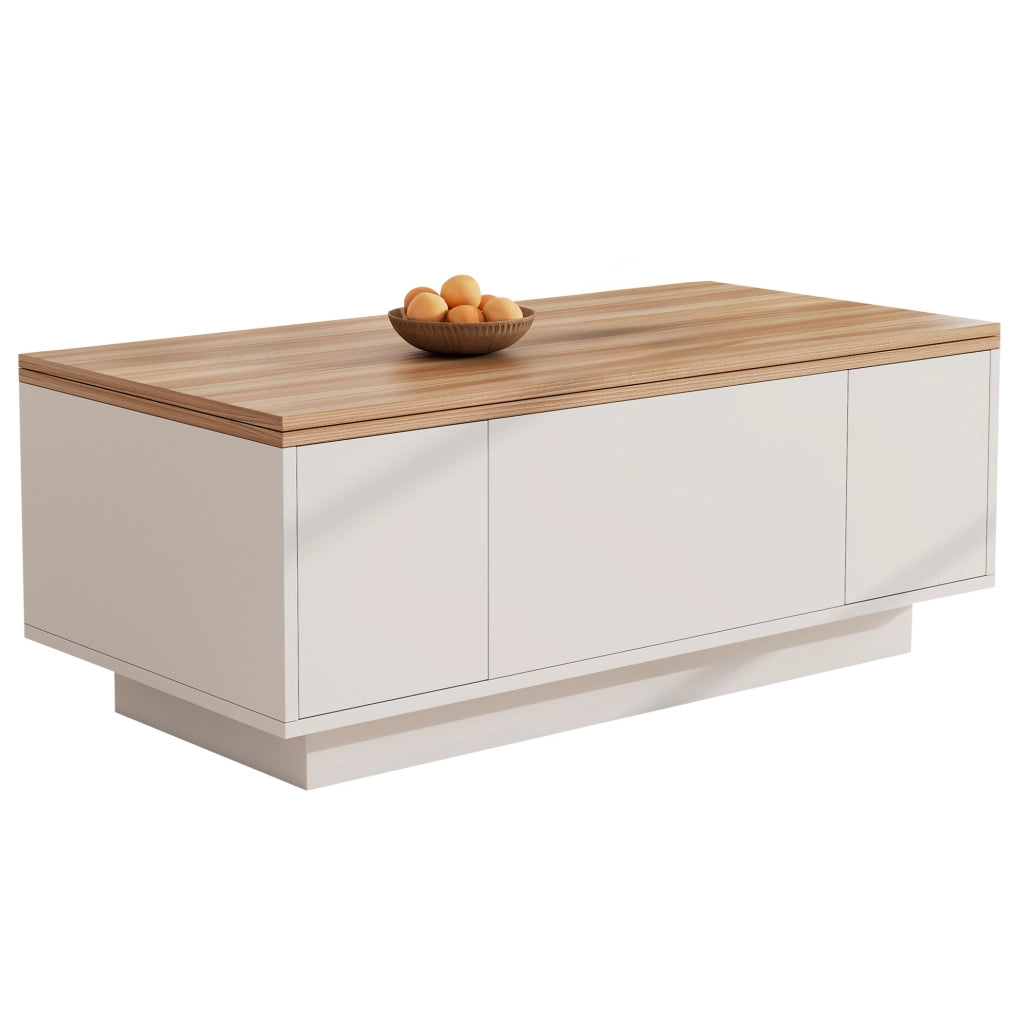 Tavolino da salotto con doppio piano sollevabile e vano contenitore; 100 x 50 x 55;5 cm; bianco e legno