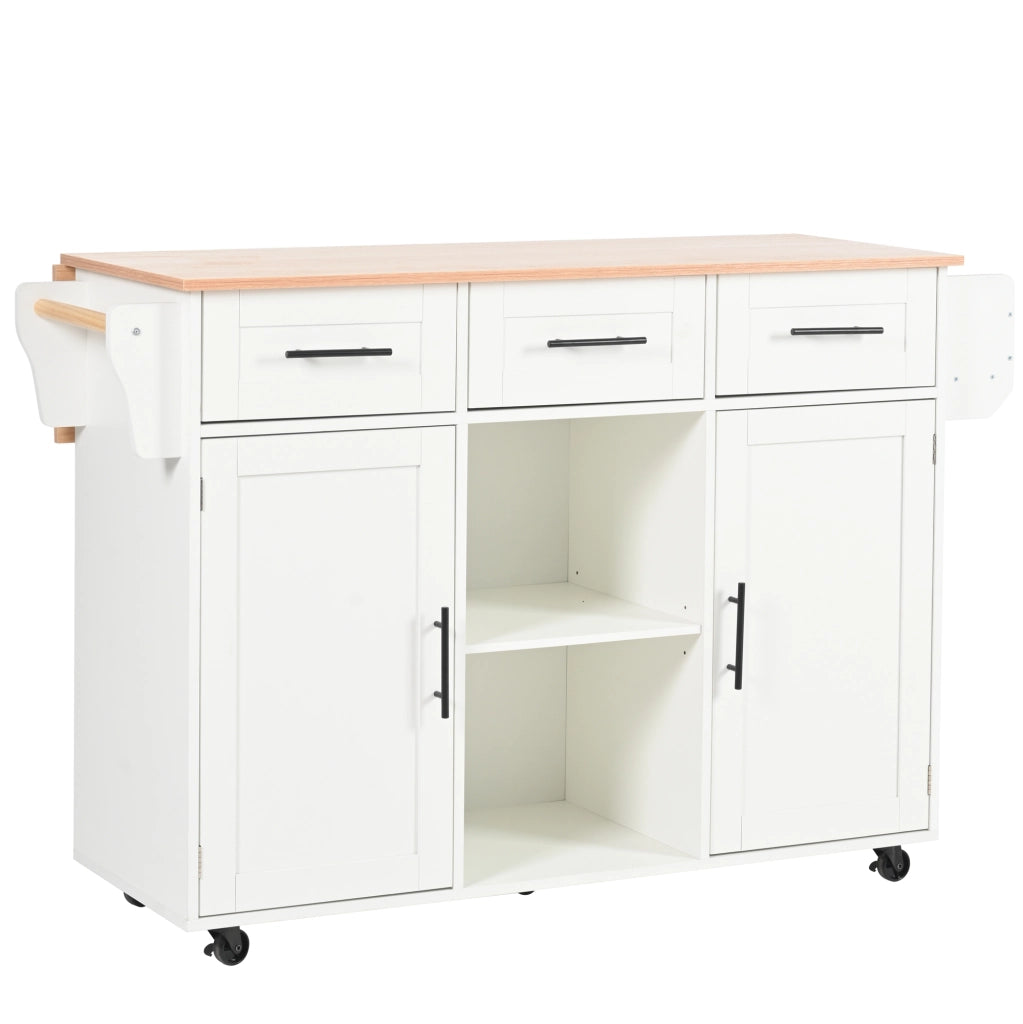 Isola da Cucina Mobile 139x46/71x91;5 cm Bianca con Piano Ribaltabile; 3 Cassetti; Ruote e Gambe in Legno