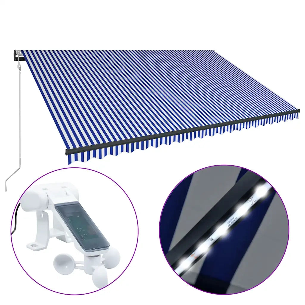 Tenda con Sensore Vento e LED 500x300 cm Blu e Bianca 3051283