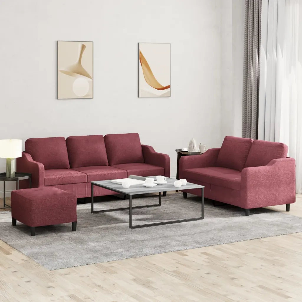 Set di Divani 3 pz con Cuscini Rosso Vino in Tessuto