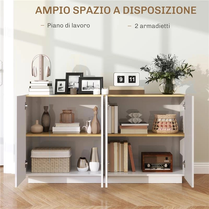 CREDENZA MODERNA CON ARMADIETTI A 2 ANTE CHIUSURA AMMORTIZZATA E RIPIANI REGOLABILI 140X40X75 CM BIANCO LUCIDO