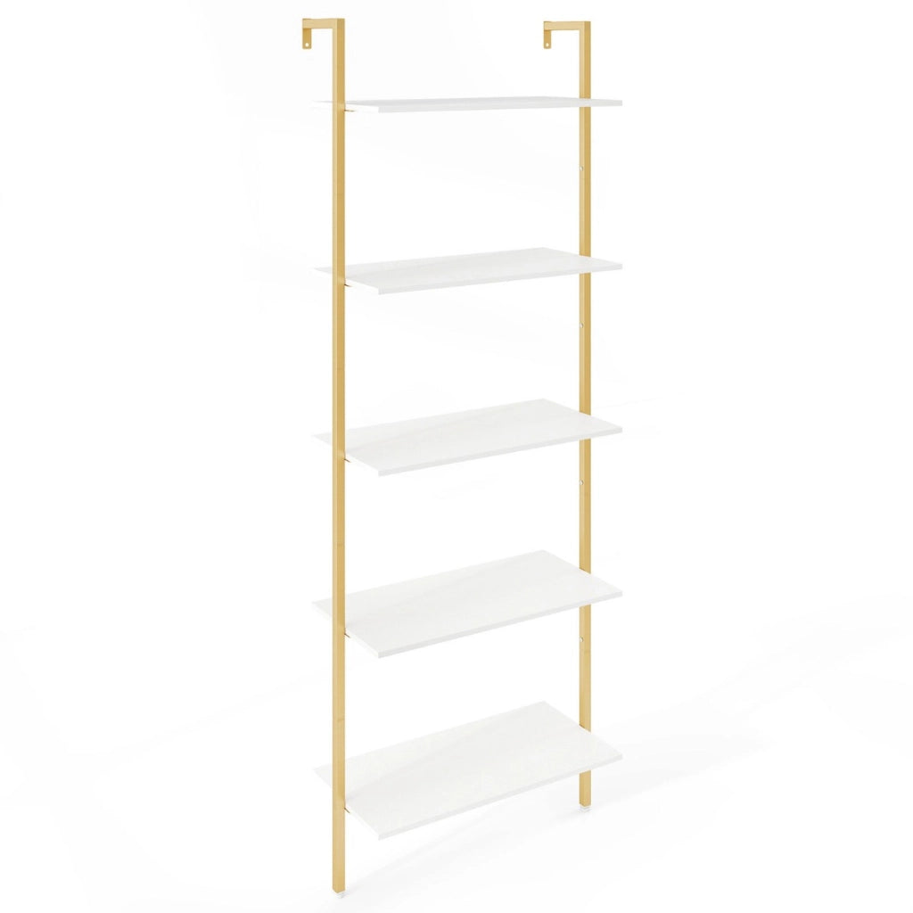 Scaffale a scala a 5 ripiani per esposizione-Libreria da parete con struttura in metallo e piedini regolabili Bianco + Oro