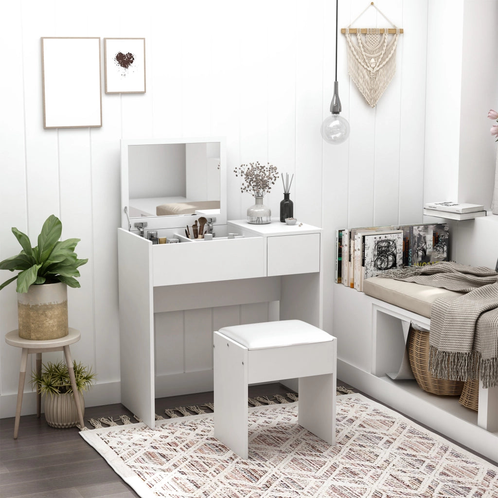 Cassettiera Trucco con Specchio Richiudibile e Sgabello ¨C zephmum ¨C MDF Bianco, 80x40x79 cm