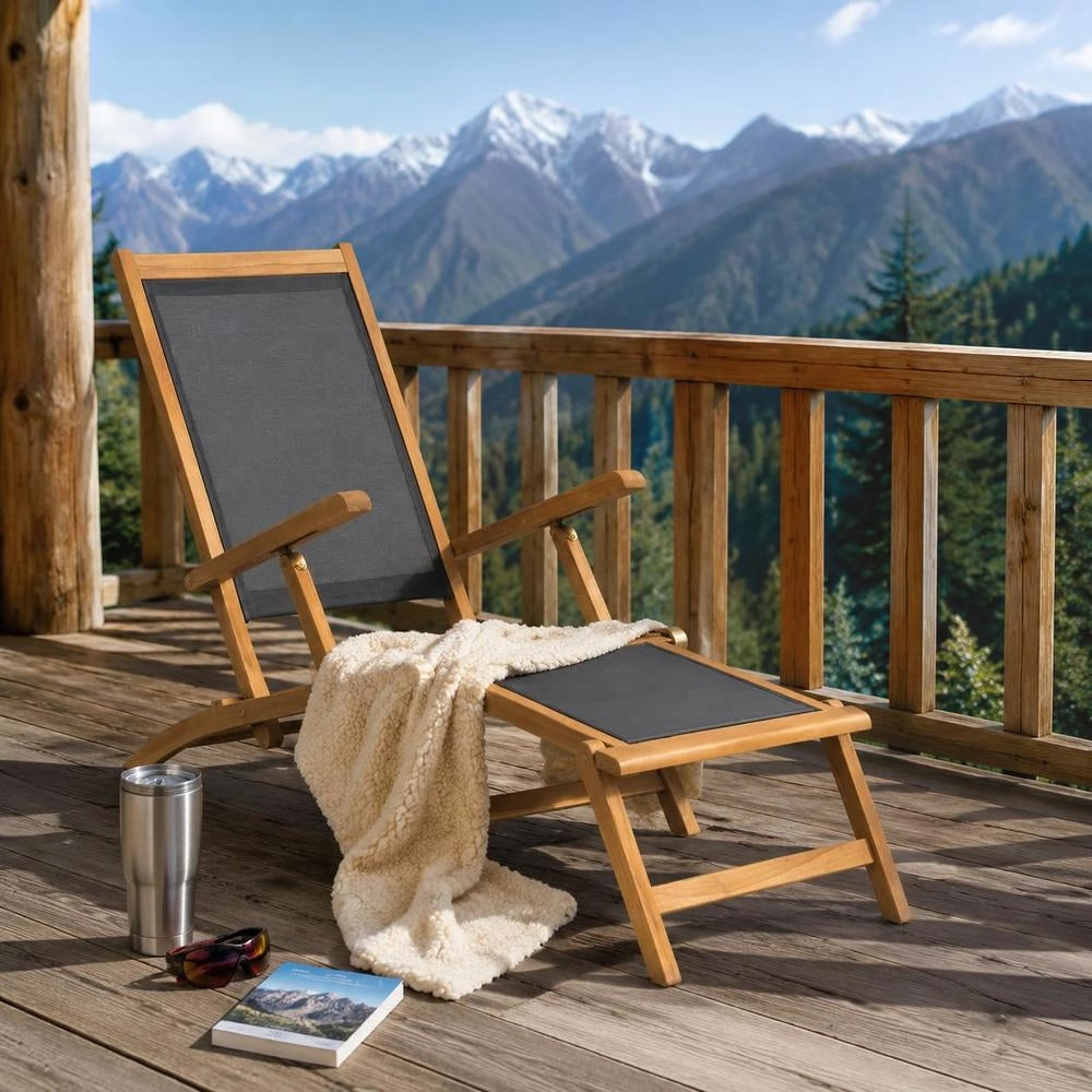 Sun Lounger With Footrest, Solid Teak Wood, Black