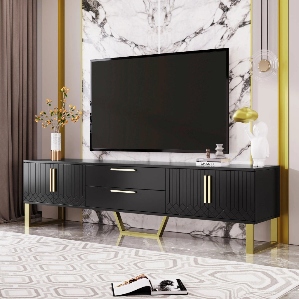 Mobile TV 4 ante e 2 cassetti con ripiani e passacavi per soggiorno in MDF nero e dorato 170 × 40 × 53,5 cm