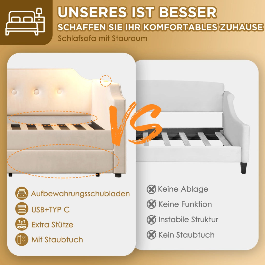 LETTO 90x200 cm in Velluto Beige con USB Type C, Lampada da Lettura e 2 Cassetti