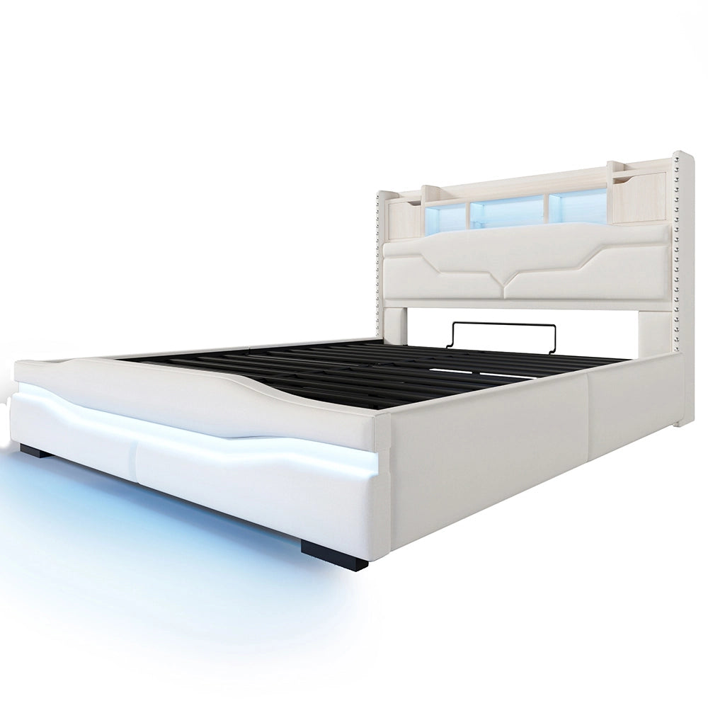 Letto imbottito-Xylo-160x200 cm-USB, LED, testiera con contenitore, idraulico, beige