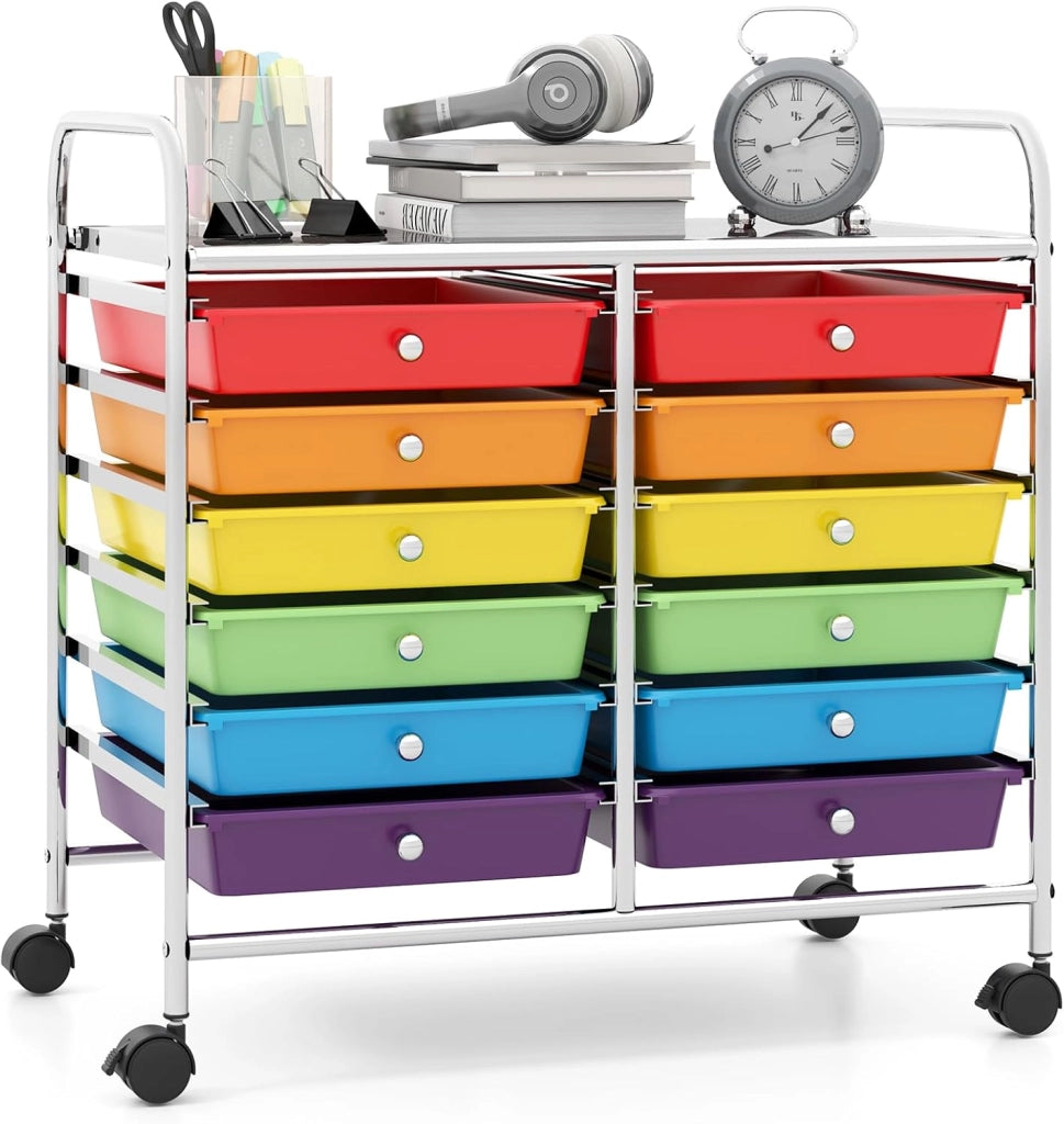 Carrello con 12 cassetti impilabili, carrello per cassetti con ruote e piano di lavoro, carrello per soggiorno, cucina, camera da letto e uffici, 64 x 38 x 62 cm (colorato)