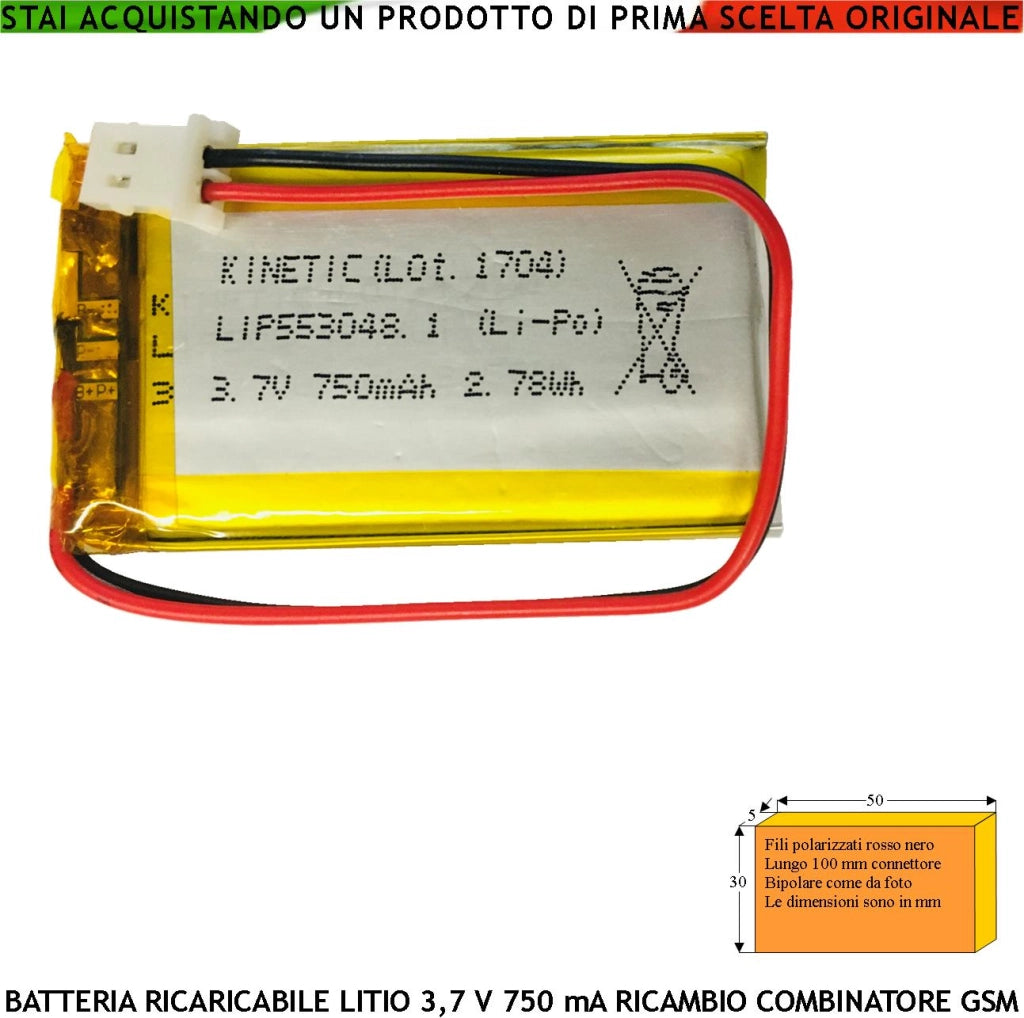Batteria Ricaricabile LIP553048 ai Polimeri di Litio Tensione 3,7 V Capacità 700 mA Protezione PCM e da Cortocircuito Tensione di Carica 4,2 V Ricambio Combinatore GSM Nano Dimensioni L50XS5XH30 mm