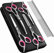 Kit di forbici da pettinatura per cani 5 pezzi con punta rotonda sicura in acciaio inossidabile e rivestimento di titanio, set di forbici per pettinatura per cani piccoli/grandi con gomitolo e asta per pettinatura con custodia.