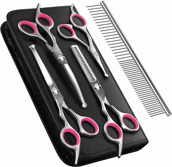 Kit di forbici da pettinatura per cani 5 pezzi con punta rotonda sicura in acciaio inossidabile e rivestimento di titanio, set di forbici per pettinatura per cani piccoli/grandi con gomitolo e asta per pettinatura con custodia.