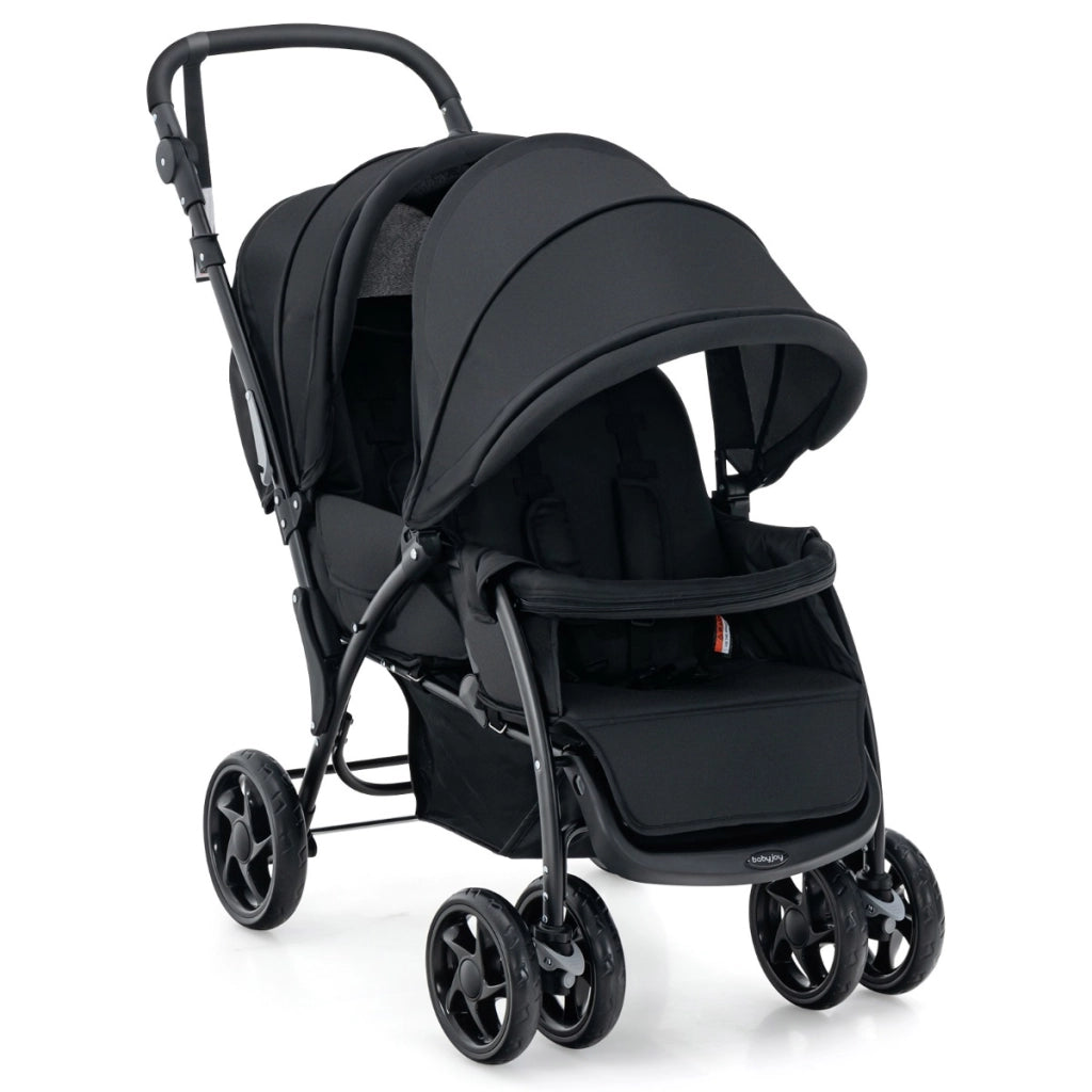 Passeggino doppio pieghevole per bambini con seduta in tandem e tettuccio, Passeggino portatile per bambini Nero-Passeggini per bimbi