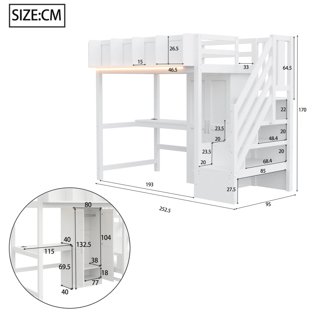 LETTO a soppalco 90x200 cm Bianco in legno con scrivania, armadio, LED e prese