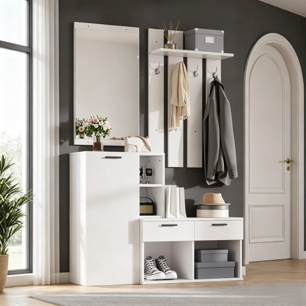 Mobile Ingresso con Specchio e Appendiabiti Bianco in MDF 120x35x175.5 cm