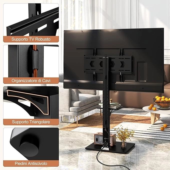 Supporto TV da Pavimento da 32-70 Pollici, Piedistallo TV Regolabile in Altezza e Inclinazione con Presa di Corrente e Ripiano AV, Portata 50 kg, Porta TV per Soggiorno