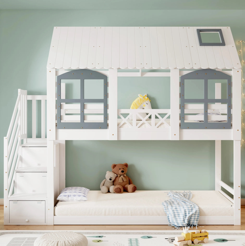 Letto a castello per bambini 90x200 cm con tetto, finestre e scala contenitore