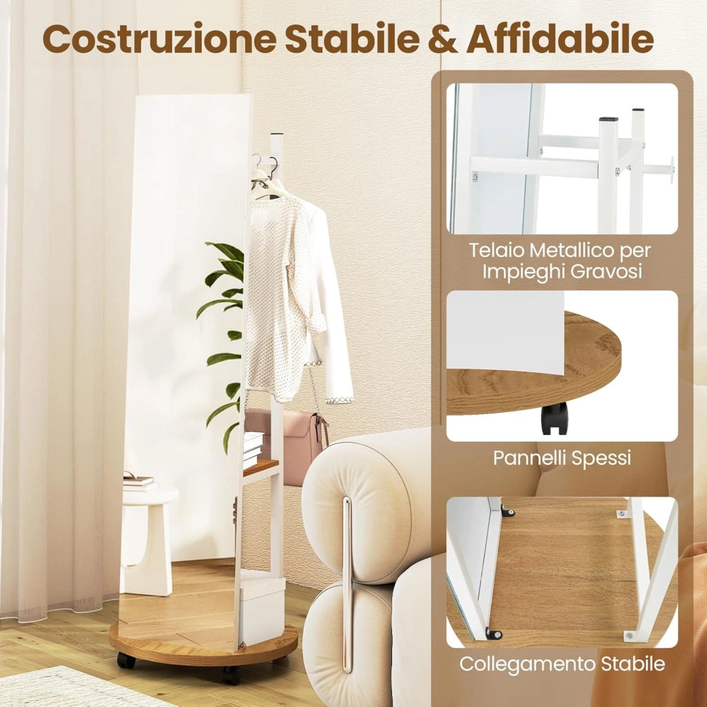 Appendiabiti con Specchio a Figura Intera, Appendiabiti Autoportante con 3 Ganci e Ripiani per Stoccaggio, Specchio da Terra con Ruote per Camera da Letto e Ingresso (Naturale)
