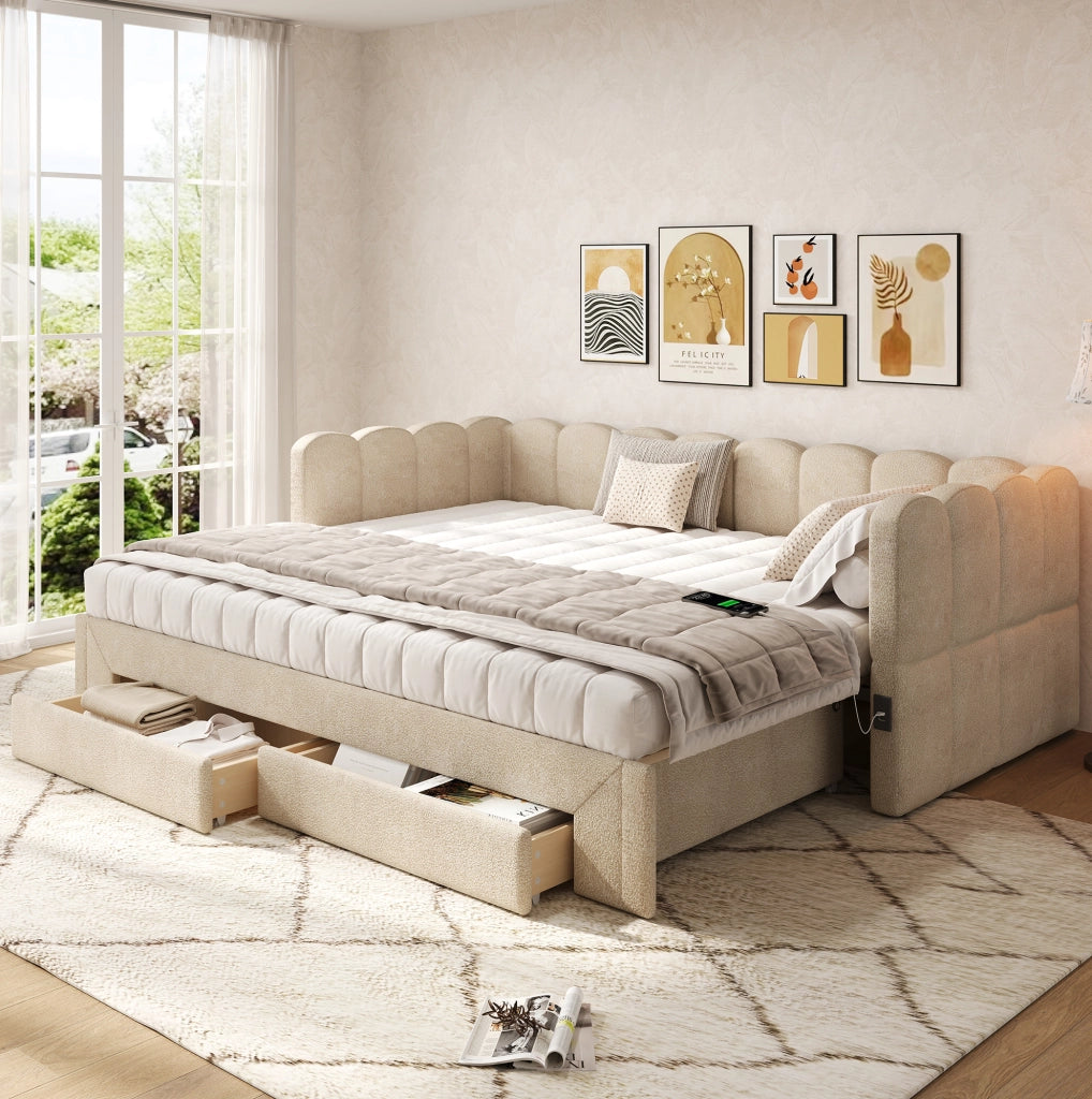 Daybett ausziehbar auf 180x200 cm mit 2 Schubladen; USB- und Typ-C-Anschluss; Chenille beige