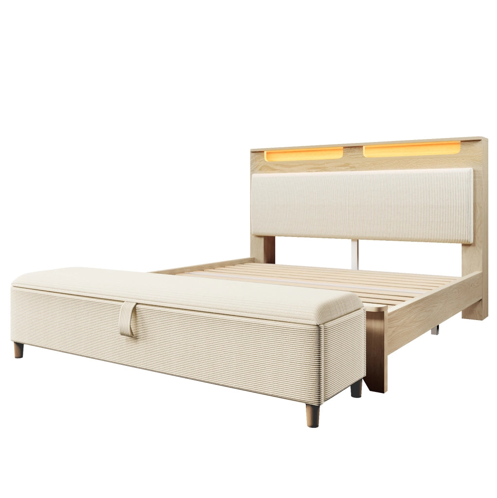 Letto matrimoniale 140x200 cm con LED; testiera con ripiani; panca contenitore; beige e rovere