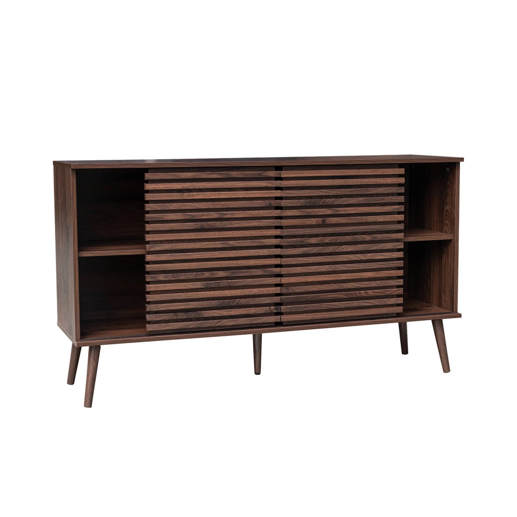 Credenza scandinava in legno con 2 ante scorrevoli scanalate, 140cm,