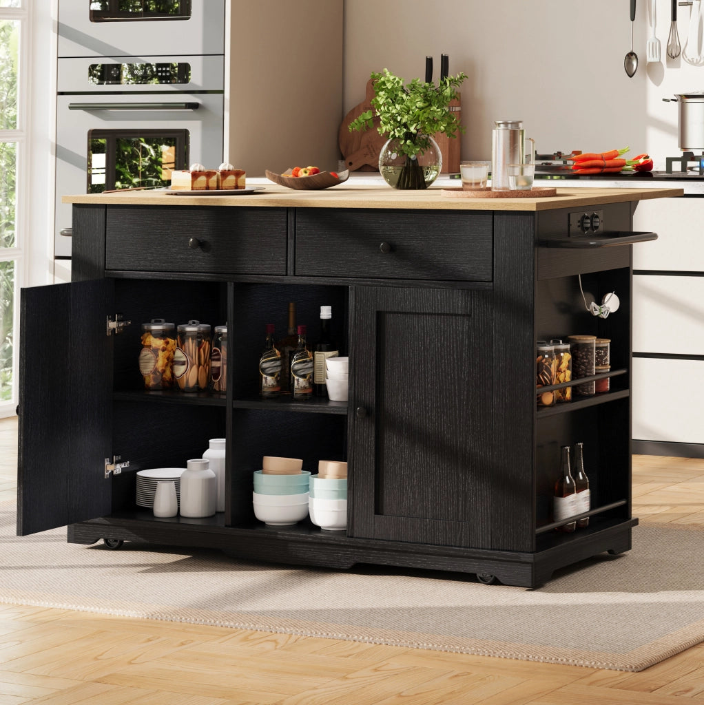 Isola da cucina pieghevole con prese; 2 cassetti e 6 vani; MDF e metallo; nero/naturale