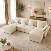 Divano angolare modulare a U in velluto a coste beige con pouf e braccioli regolabili