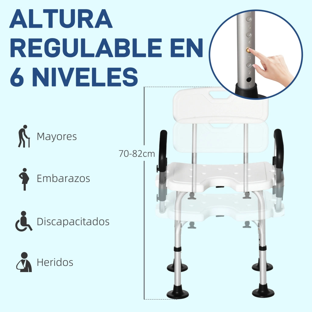 Sgabello da doccia regolabile con braccioli ¨C zephmum ¨C antiscivolo, carico 136 kg, bianco