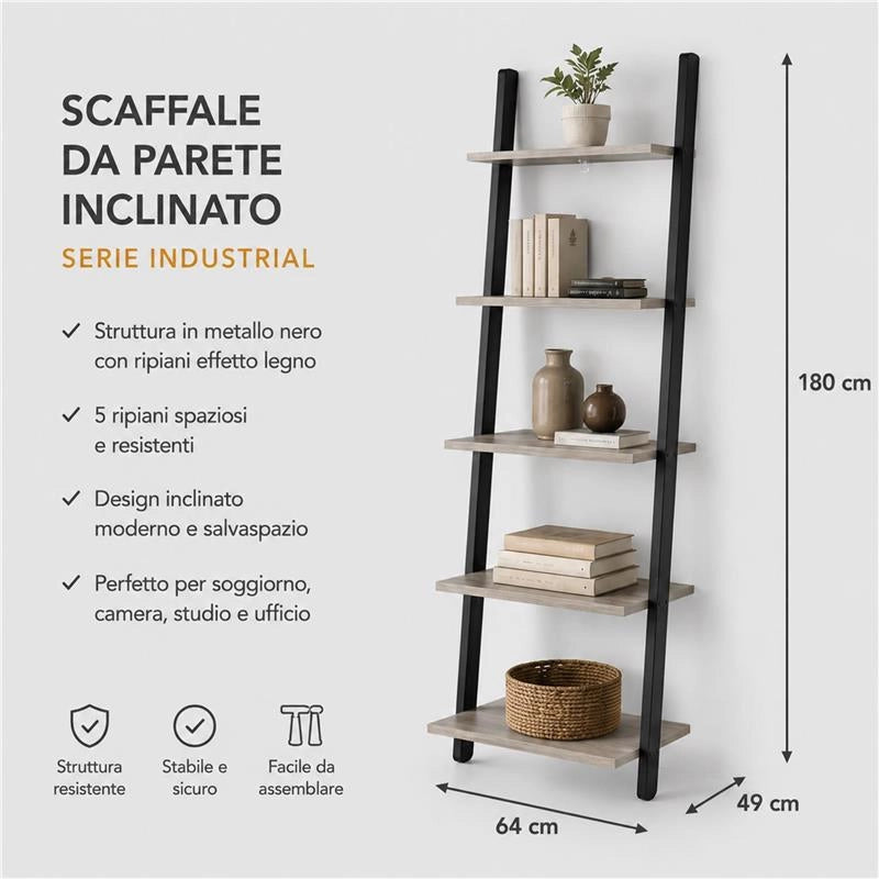 SCAFFALE DA PARETE INCLINATO CON 5 RIPIANI 64X48.5XH180 CM IN COLORE NERO