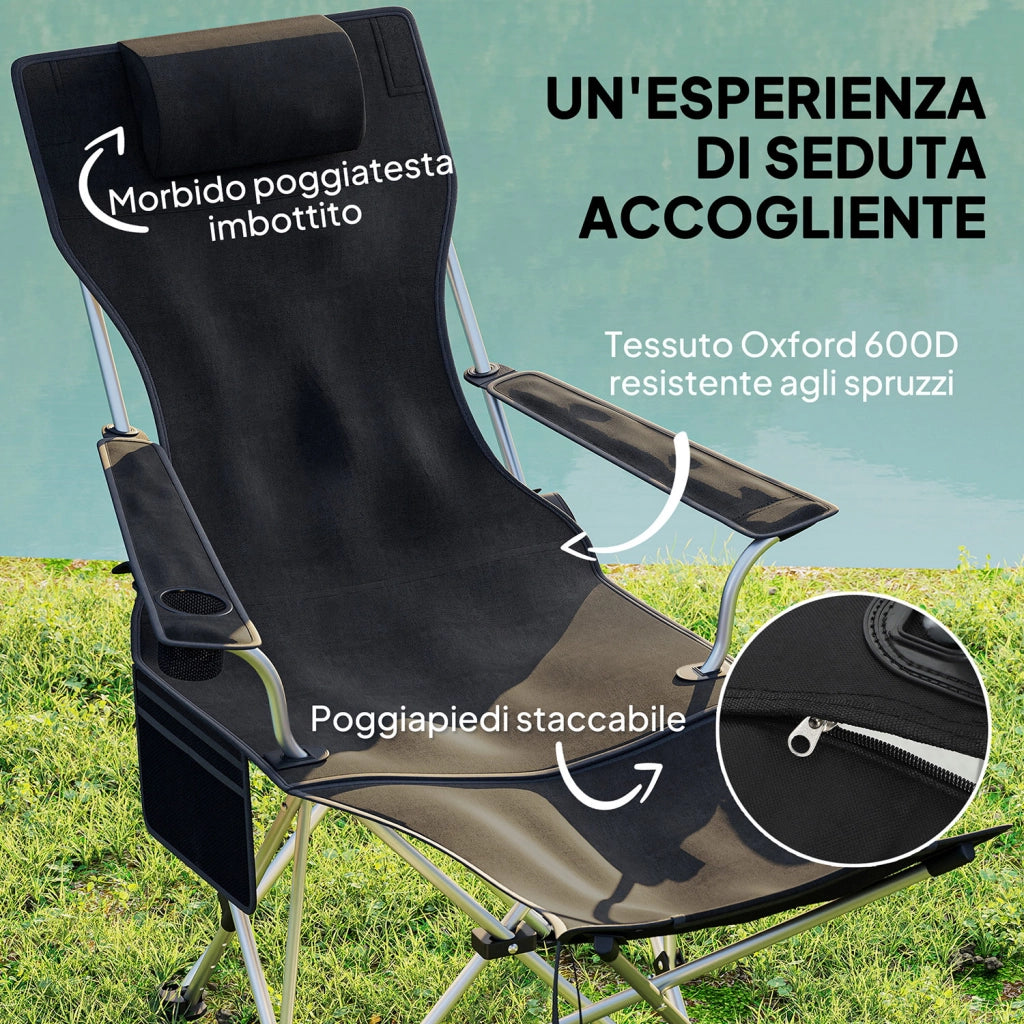 Set 2 Sedie Pieghevoli 82x50-100x88 cm con Poggiapiedi e Portabicchieri Nero