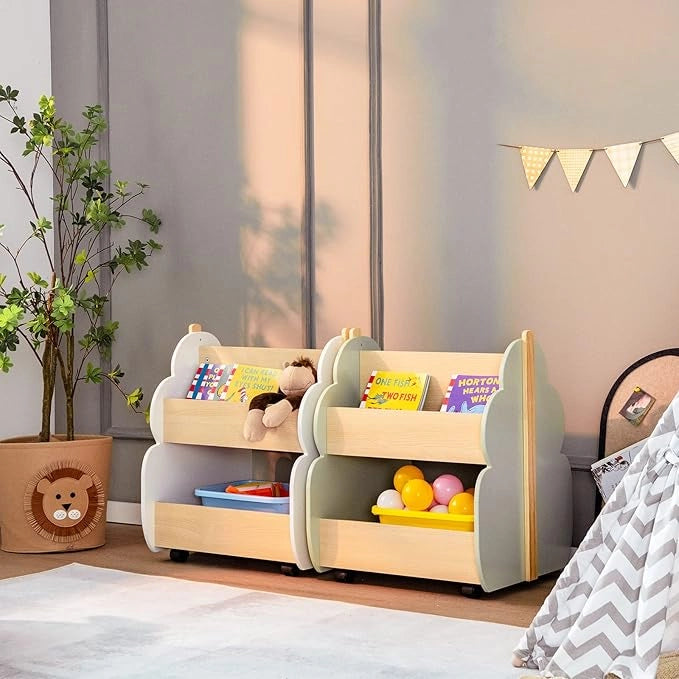 Libreria per Bambini in Legno, Scaffale di Stoccaggio a 2 Livelli per Bambini e Bambine, Organizzatore di Libri e di Giocattoli, Ideale per Caremetta e Nido, 52 x 46 x 62,5 cm (Verde)
