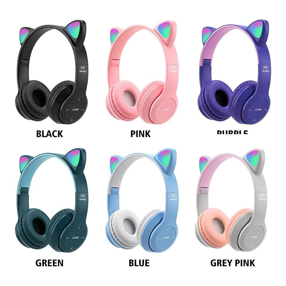 Trade Shop - Cuffie Per Bambini Pieghevoli Senza Fili Con Orecchie Di Gatto A Led Bluetooth -