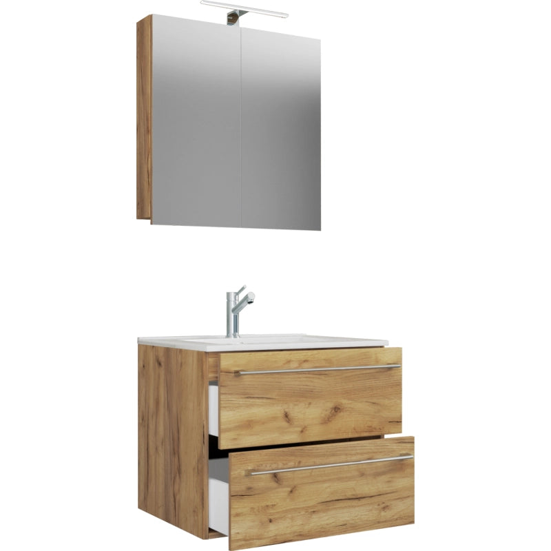 Completo di Ezooza Mobile Sospeso con 2 cassetti Large con lavabo in ceramica di alta qualità e mobile specchio, Rovere miele ,