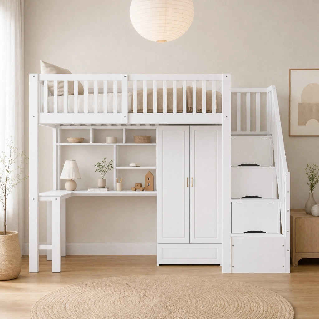 Letto a soppalco 90x200 cm con armadio, scrivania e scala
