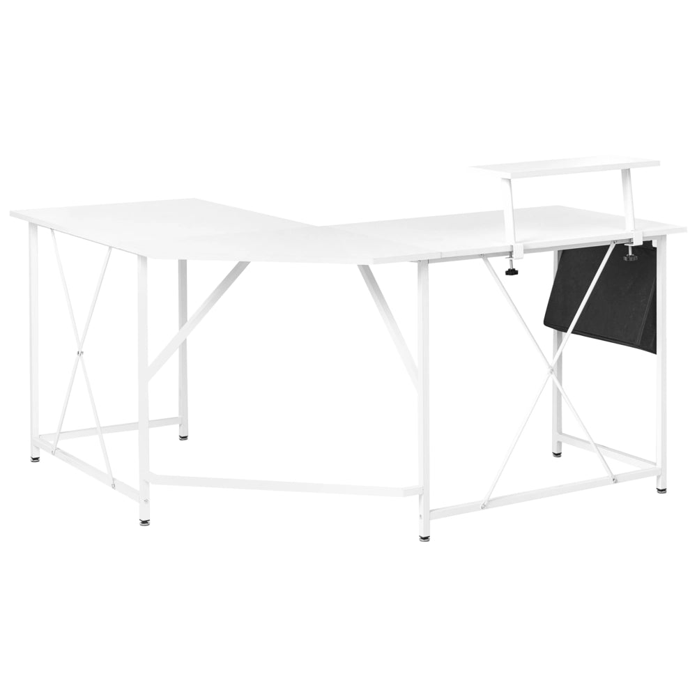 Scrivania angolare Piano in MDF bianco Gambe e struttura in ferro verniciato a polvere Tasca laterale aggiuntiva Ampia postazione di lavoro Moderna