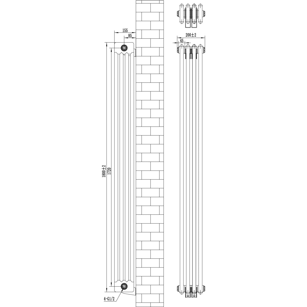 Radiatore Tradizionale 4 Colonne Verticale Riscaldamento Antracite 1800x200 mm